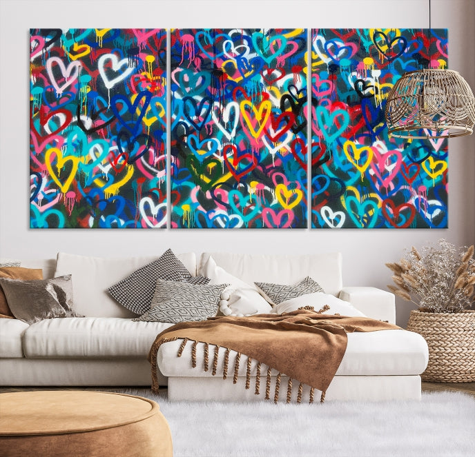 Colorful Hearts Abstract Painting Large Wall Art Canvas Print