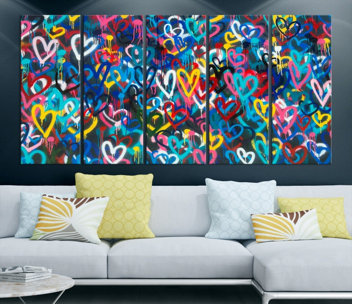 Colorful Hearts Abstract Painting Large Wall Art Canvas Print