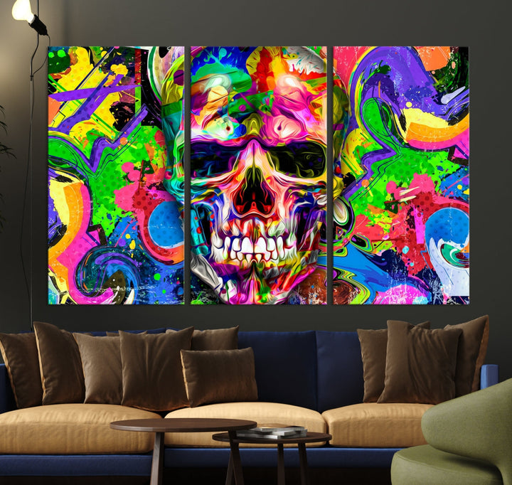 Colorful Skull Canvas Art Print Large Psychedelic Painting Wall Art Framed