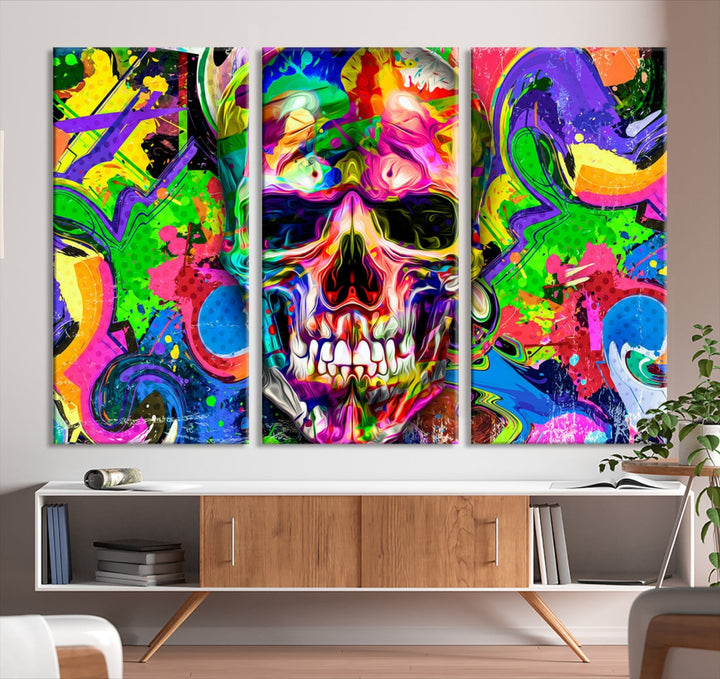 Colorful Skull Canvas Art Print Large Psychedelic Painting Wall Art Framed