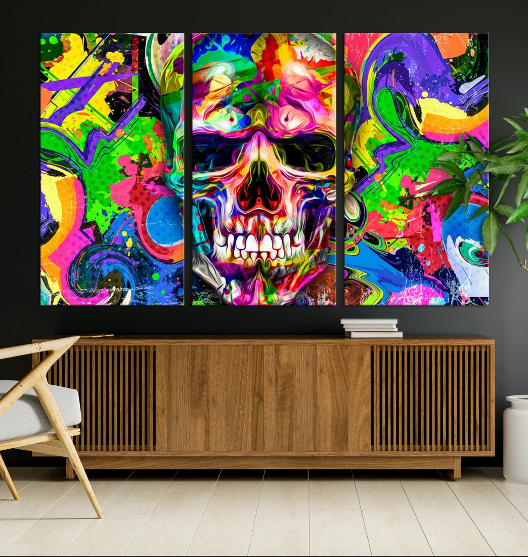 Colorful Skull Canvas Art Print Large Psychedelic Painting Wall Art Framed