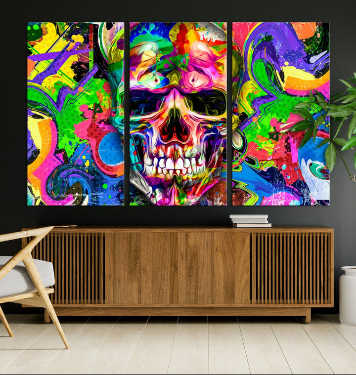 Colorful Skull Canvas Art Print Large Psychedelic Painting Wall Art Framed