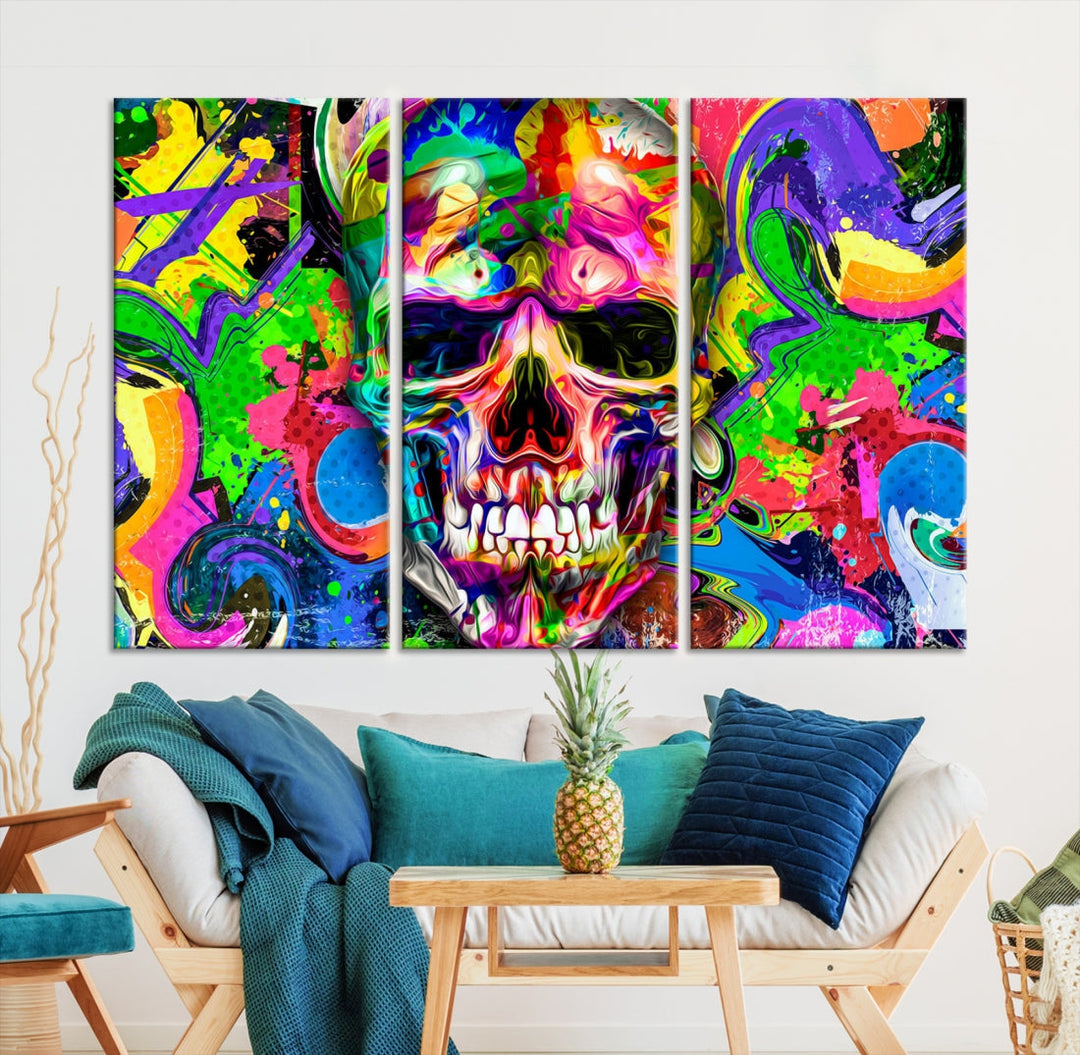 Colorful Skull Canvas Art Print Large Psychedelic Painting Wall Art Framed