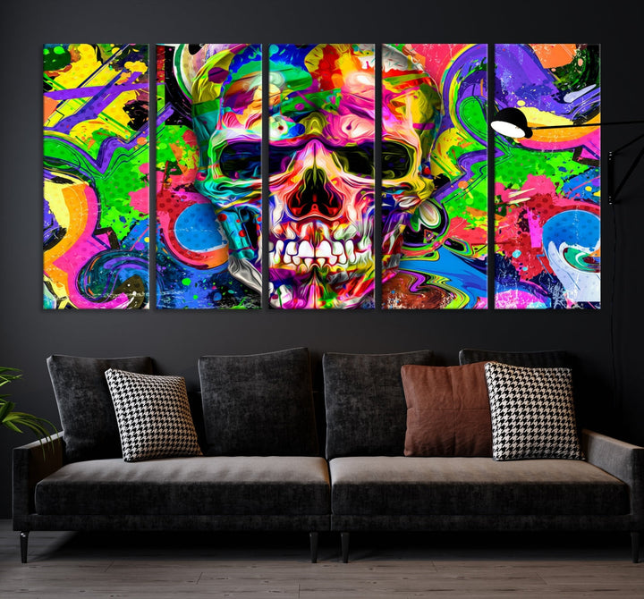 Colorful Skull Canvas Art Print Large Psychedelic Painting Wall Art Framed