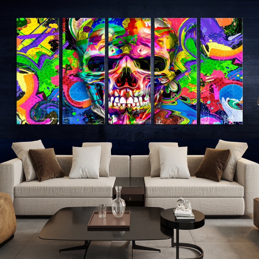 Colorful Skull Canvas Art Print Large Psychedelic Painting Wall Art Framed