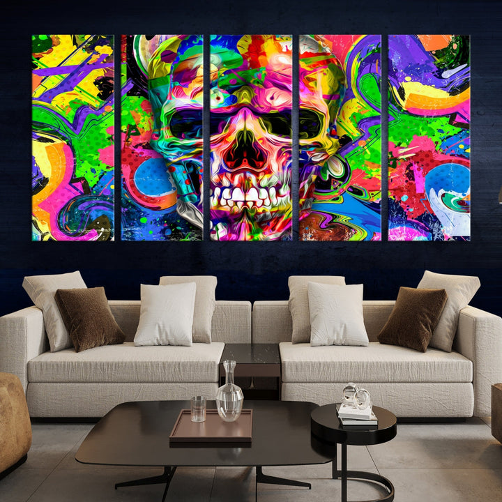 Colorful Skull Canvas Art Print Large Psychedelic Painting Wall Art Framed