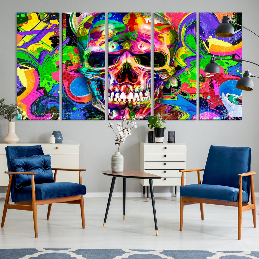 Colorful Skull Canvas Art Print Large Psychedelic Painting Wall Art Framed