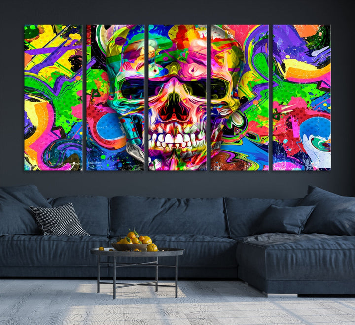 Colorful Skull Canvas Art Print Large Psychedelic Painting Wall Art Framed