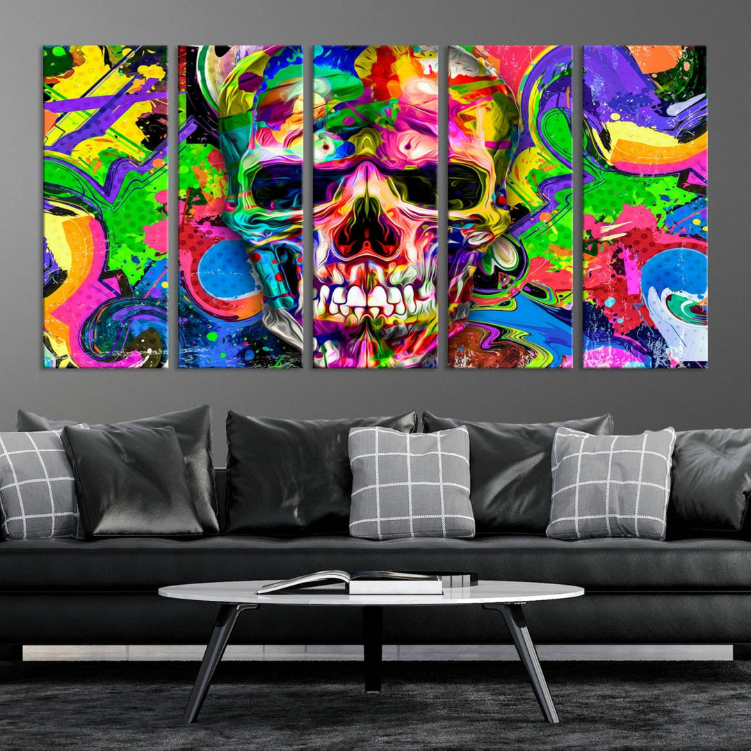 Colorful Skull Canvas Art Print Large Psychedelic Painting Wall Art Framed