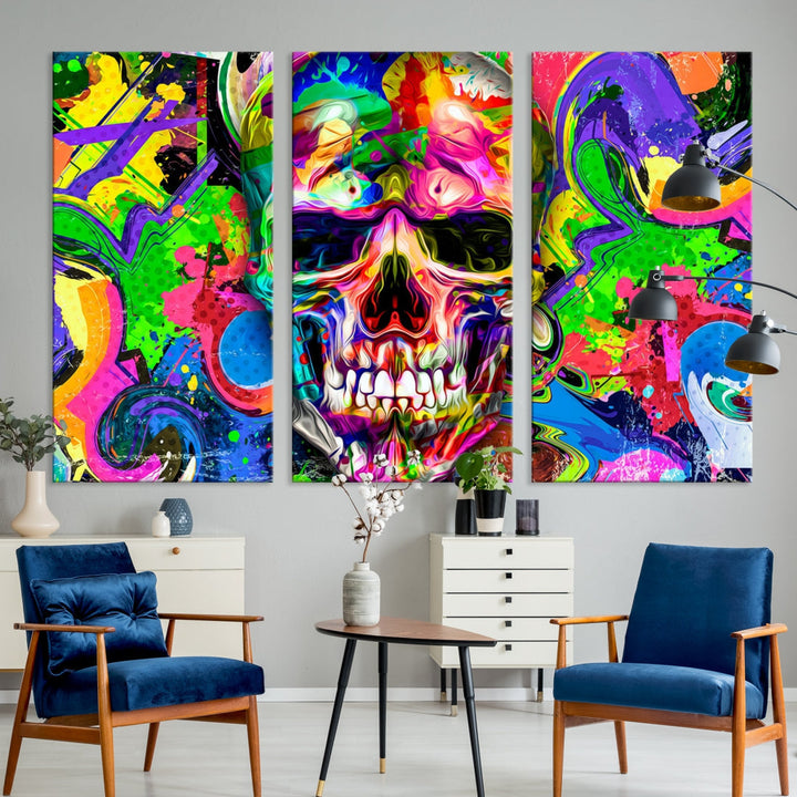 Colorful Skull Canvas Art Print Large Psychedelic Painting Wall Art Framed