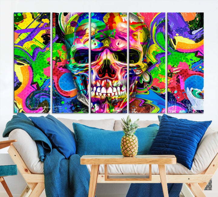 Colorful Skull Canvas Art Print Large Psychedelic Painting Wall Art Framed