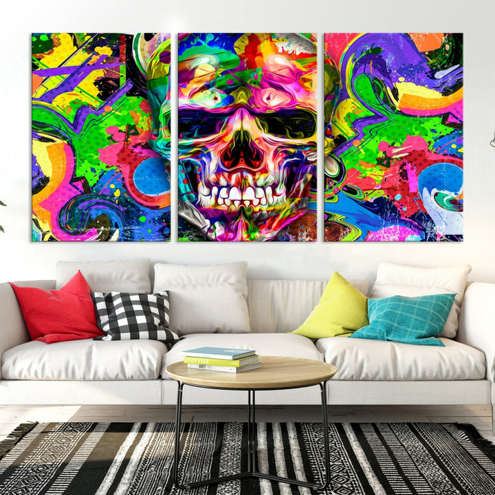 Colorful Skull Canvas Art Print Large Psychedelic Painting Wall Art Framed