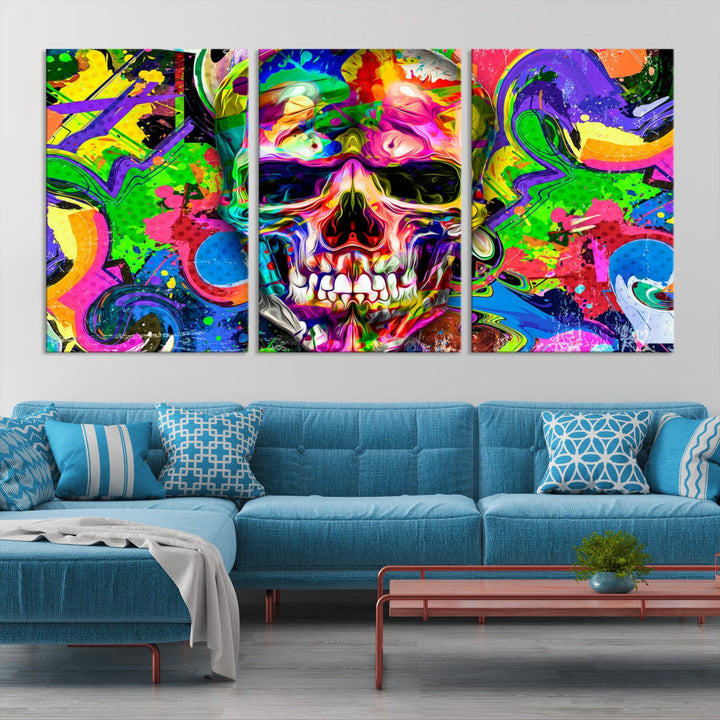 Colorful Skull Canvas Art Print Large Psychedelic Painting Wall Art Framed