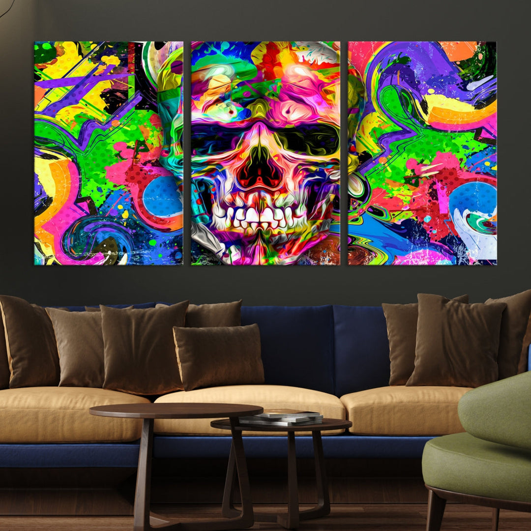 Colorful Skull Canvas Art Print Large Psychedelic Painting Wall Art Framed