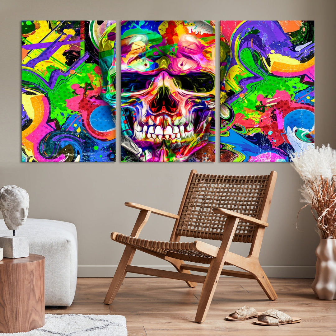 Colorful Skull Canvas Art Print Large Psychedelic Painting Wall Art Framed