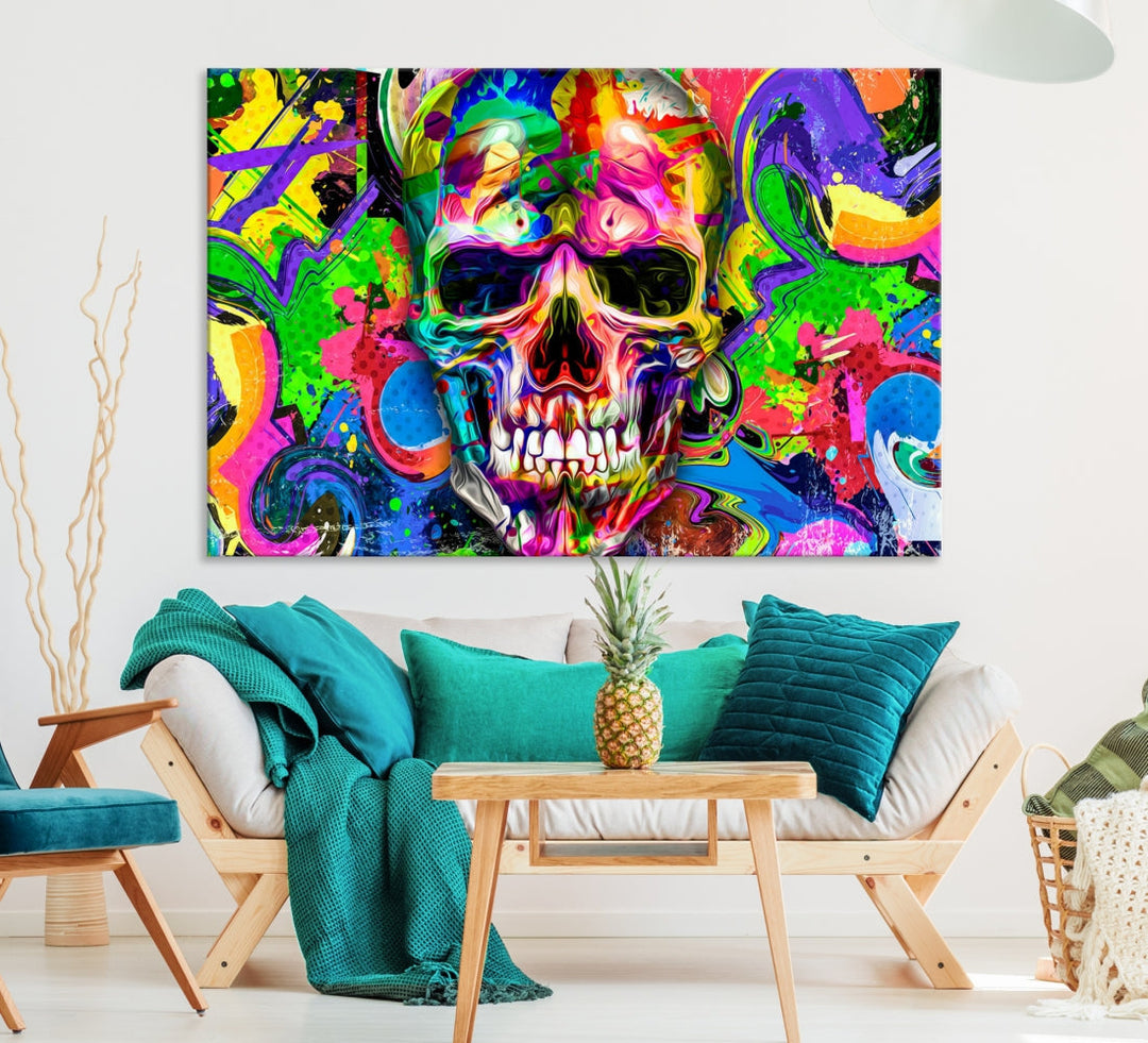 Colorful Skull Canvas Art Print Large Psychedelic Painting Wall Art Framed