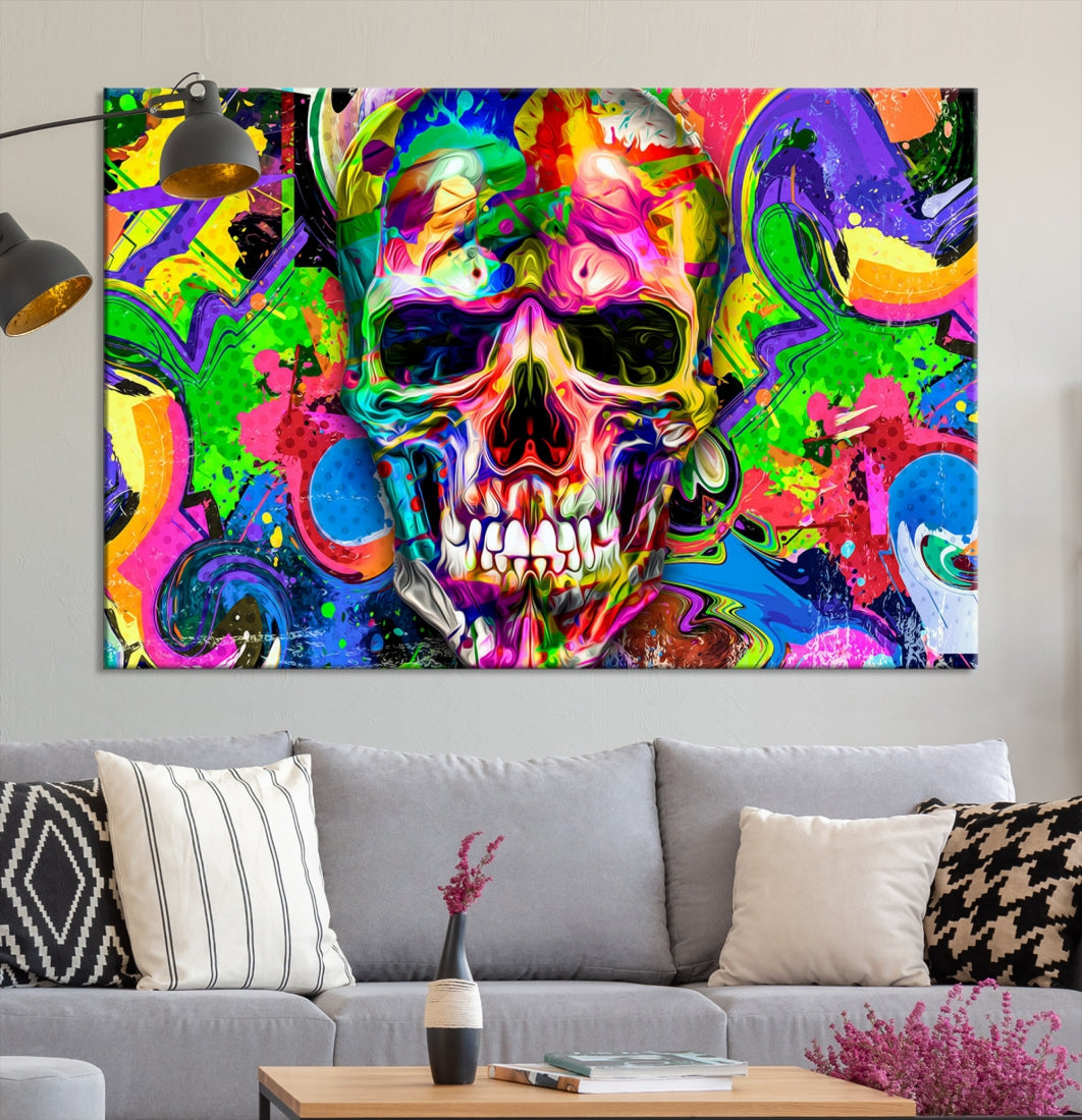 Colorful Skull Canvas Art Print Large Psychedelic Painting Wall Art Framed