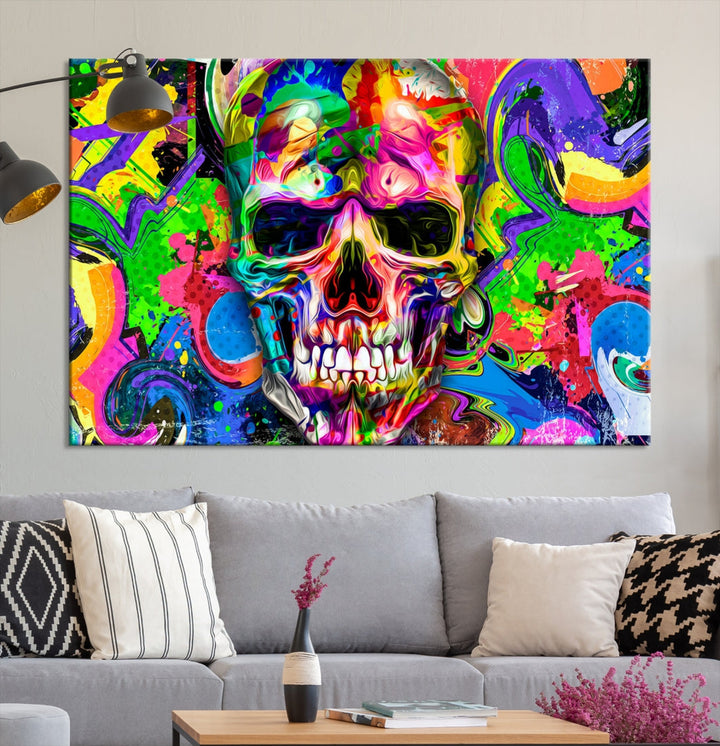 Colorful Skull Canvas Art Print Large Psychedelic Painting Wall Art Framed