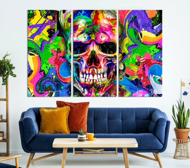 Colorful Skull Canvas Art Print Large Psychedelic Painting Wall Art Framed