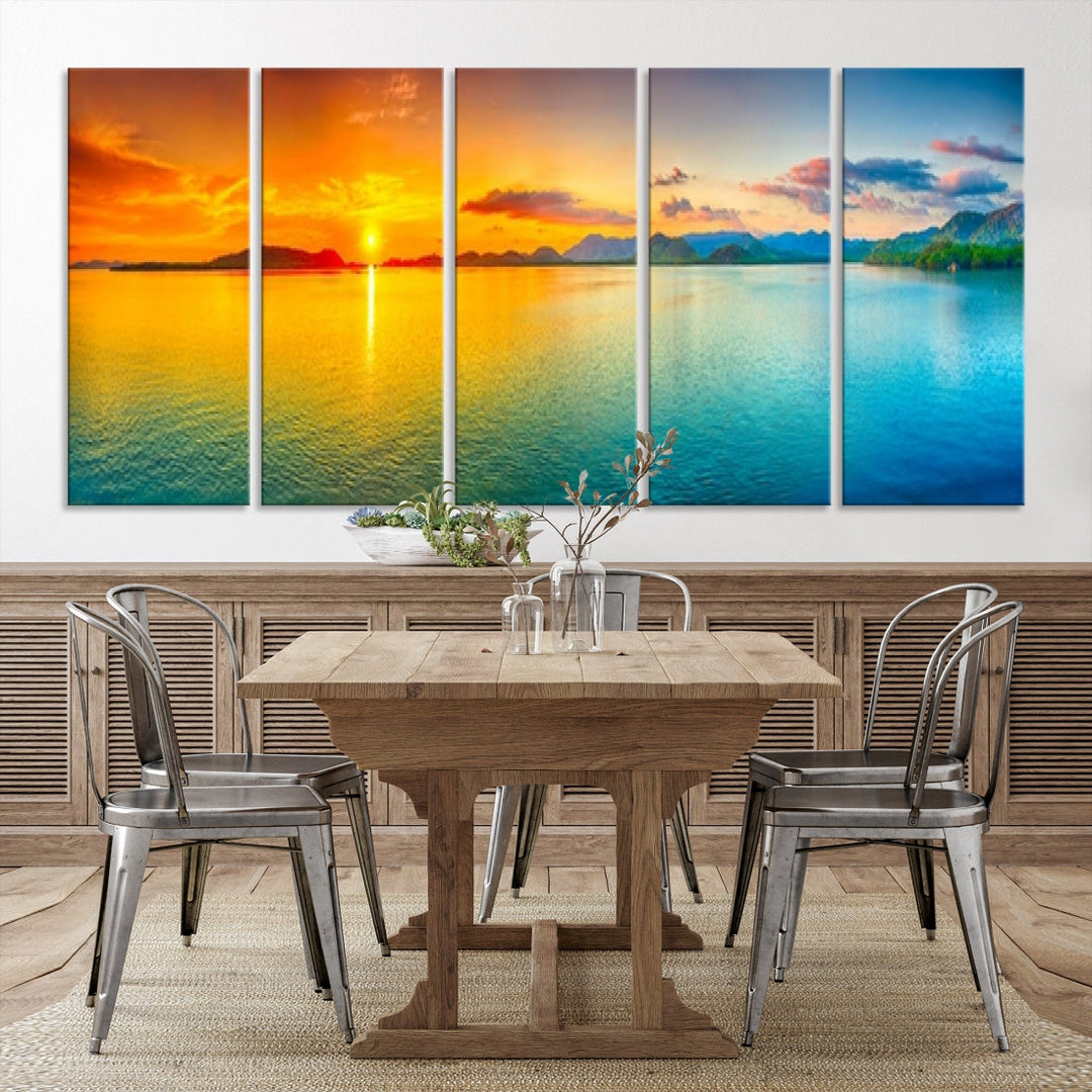 Colorful Sunset Sea and Mountain Landscape Canvas Wall Art Print for Living Room