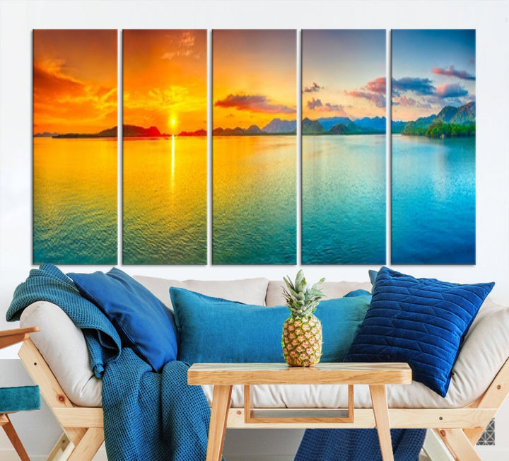 Colorful Sunset Sea and Mountain Landscape Canvas Wall Art Print for Living Room