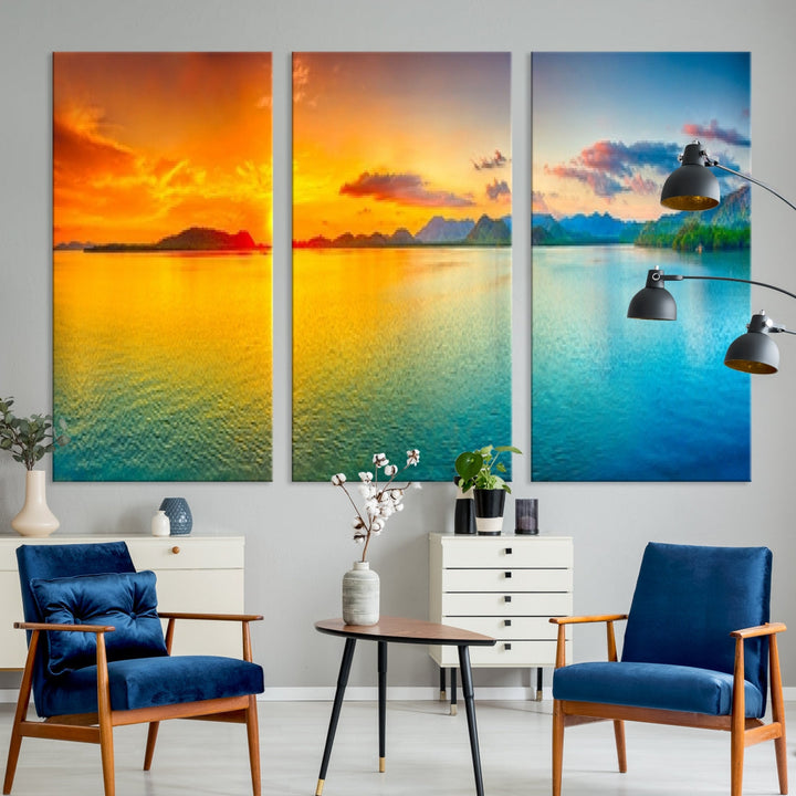 Colorful Sunset Sea and Mountain Landscape Canvas Wall Art Print for Living Room