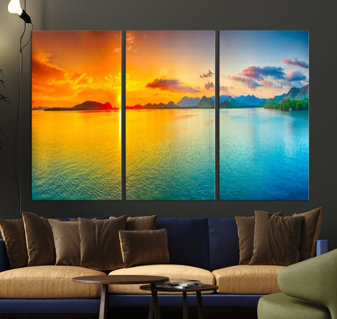 Colorful Sunset Sea and Mountain Landscape Canvas Wall Art Print for Living Room