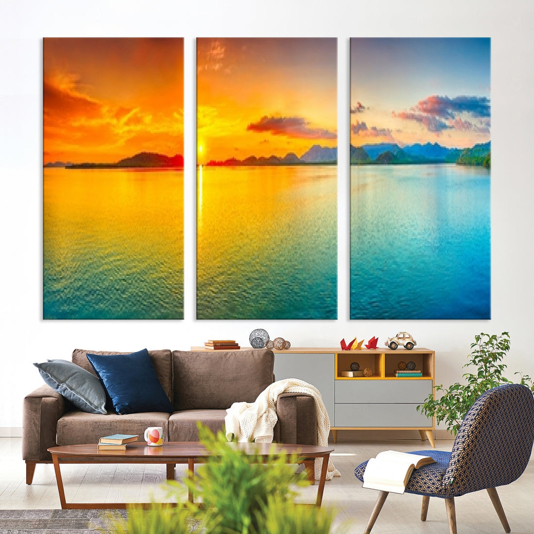 Colorful Sunset Sea and Mountain Landscape Canvas Wall Art Print for Living Room