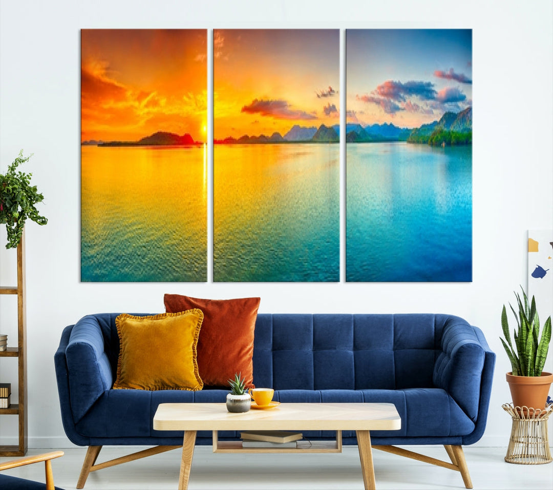 Colorful Sunset Sea and Mountain Landscape Canvas Wall Art Print for Living Room