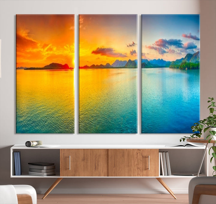 Colorful Sunset Sea and Mountain Landscape Canvas Wall Art Print for Living Room