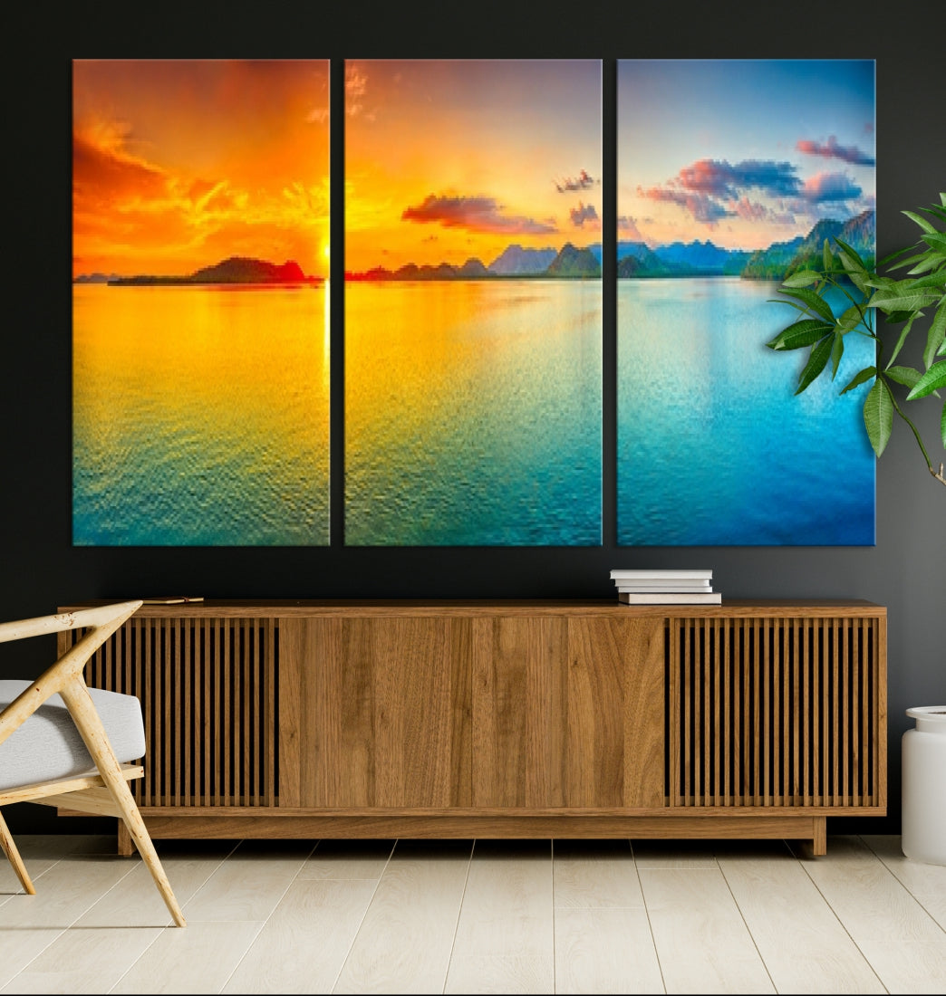 Colorful Sunset Sea and Mountain Landscape Canvas Wall Art Print for Living Room