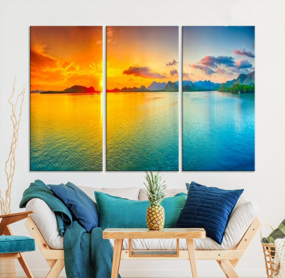 Colorful Sunset Sea and Mountain Landscape Canvas Wall Art Print for Living Room