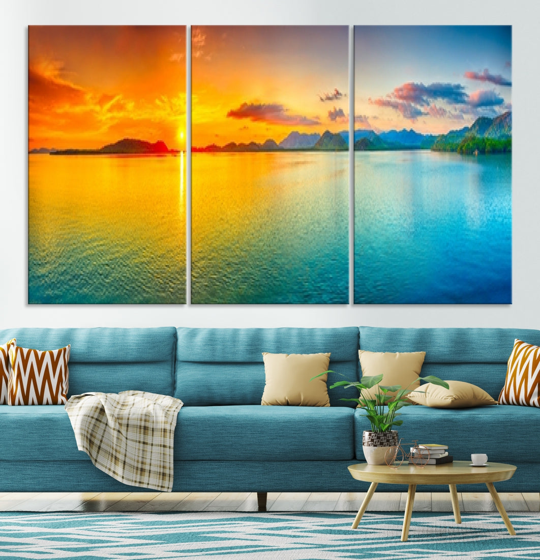 Colorful Sunset Sea and Mountain Landscape Canvas Wall Art Print for Living Room