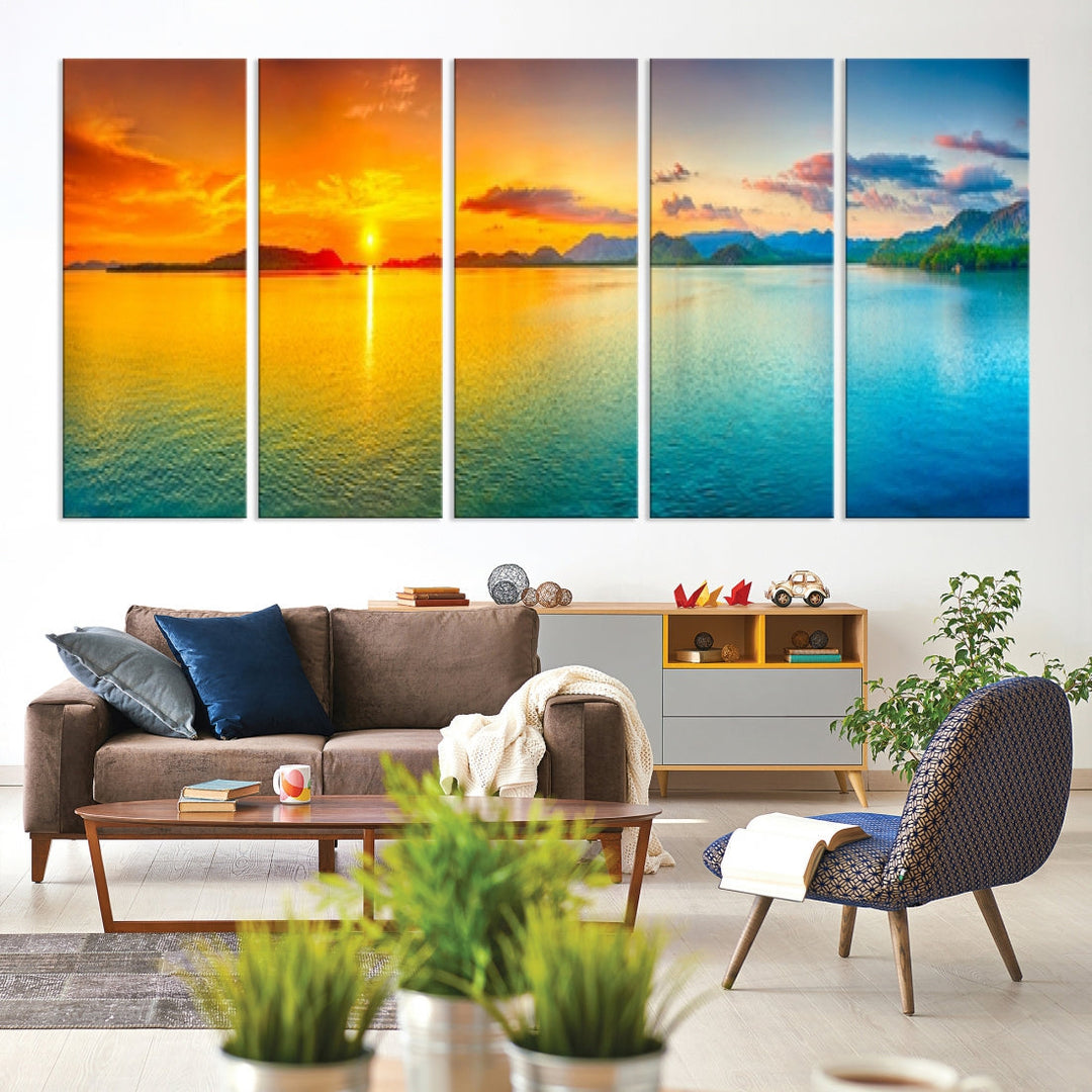 Colorful Sunset Sea and Mountain Landscape Canvas Wall Art Print for Living Room