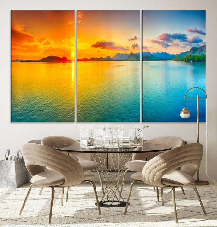 Colorful Sunset Sea and Mountain Landscape Canvas Wall Art Print for Living Room