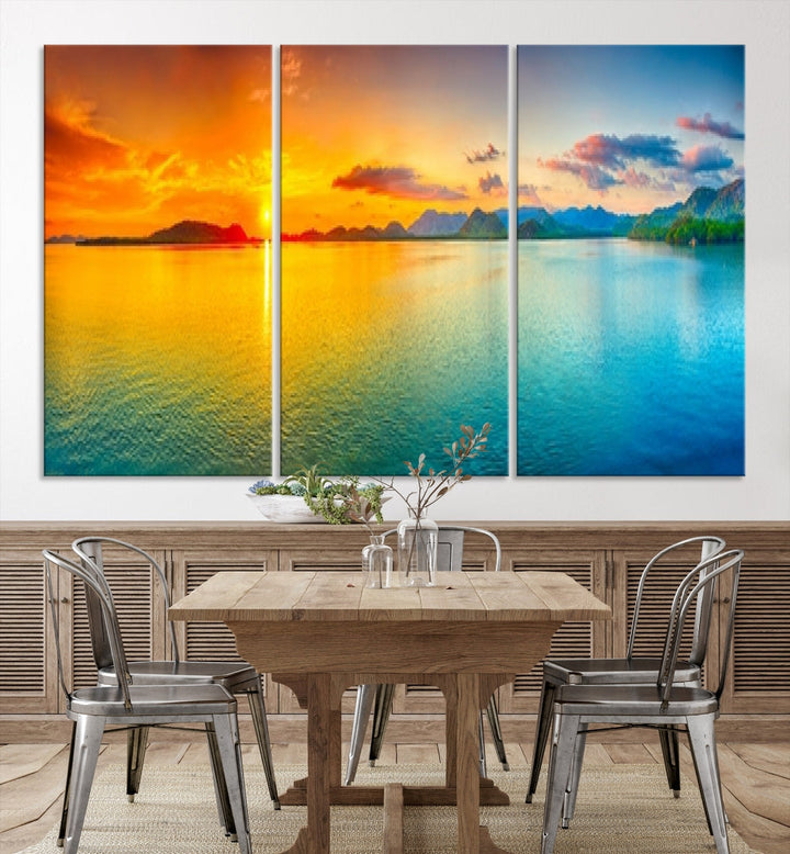 Colorful Sunset Sea and Mountain Landscape Canvas Wall Art Print for Living Room