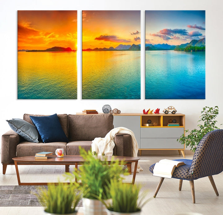 Colorful Sunset Sea and Mountain Landscape Canvas Wall Art Print for Living Room