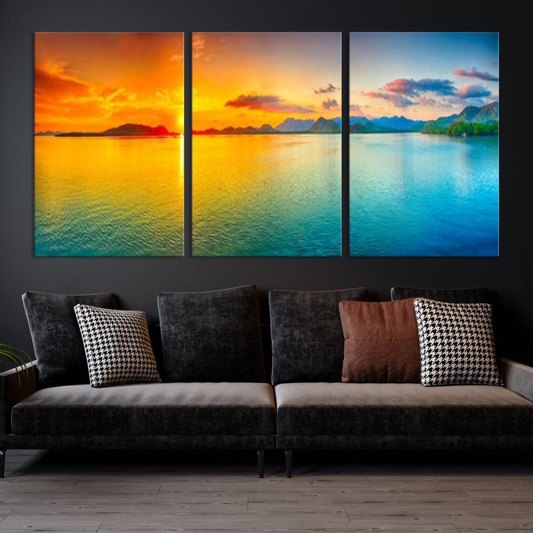 Colorful Sunset Sea and Mountain Landscape Canvas Wall Art Print for Living Room