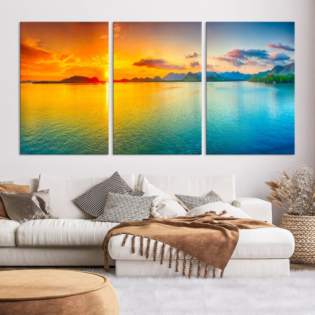 Colorful Sunset Sea and Mountain Landscape Canvas Wall Art Print for Living Room