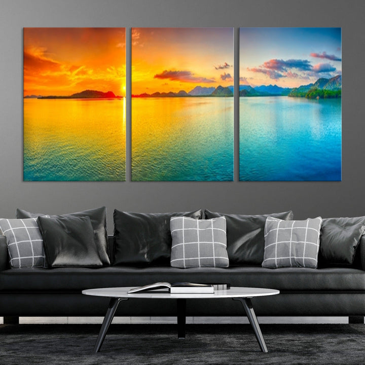 Colorful Sunset Sea and Mountain Landscape Canvas Wall Art Print for Living Room