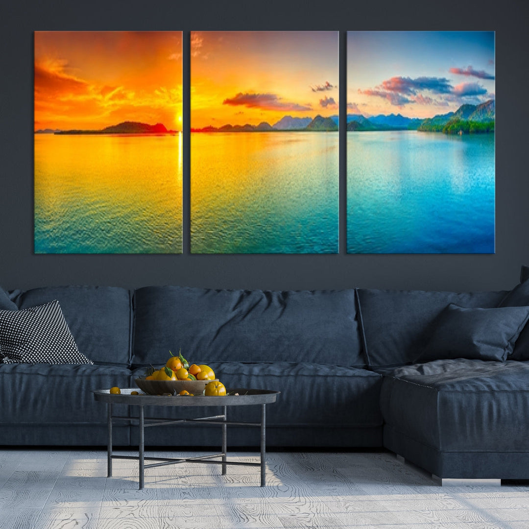 Colorful Sunset Sea and Mountain Landscape Canvas Wall Art Print for Living Room