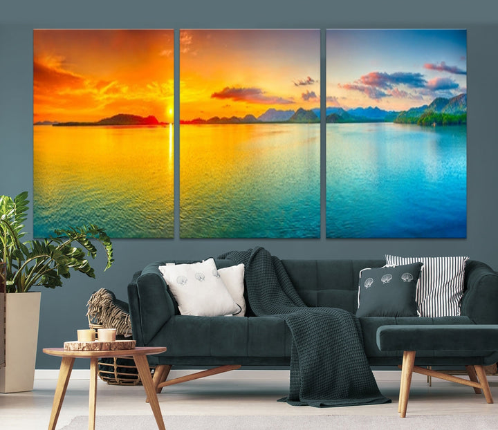 Colorful Sunset Sea and Mountain Landscape Canvas Wall Art Print for Living Room