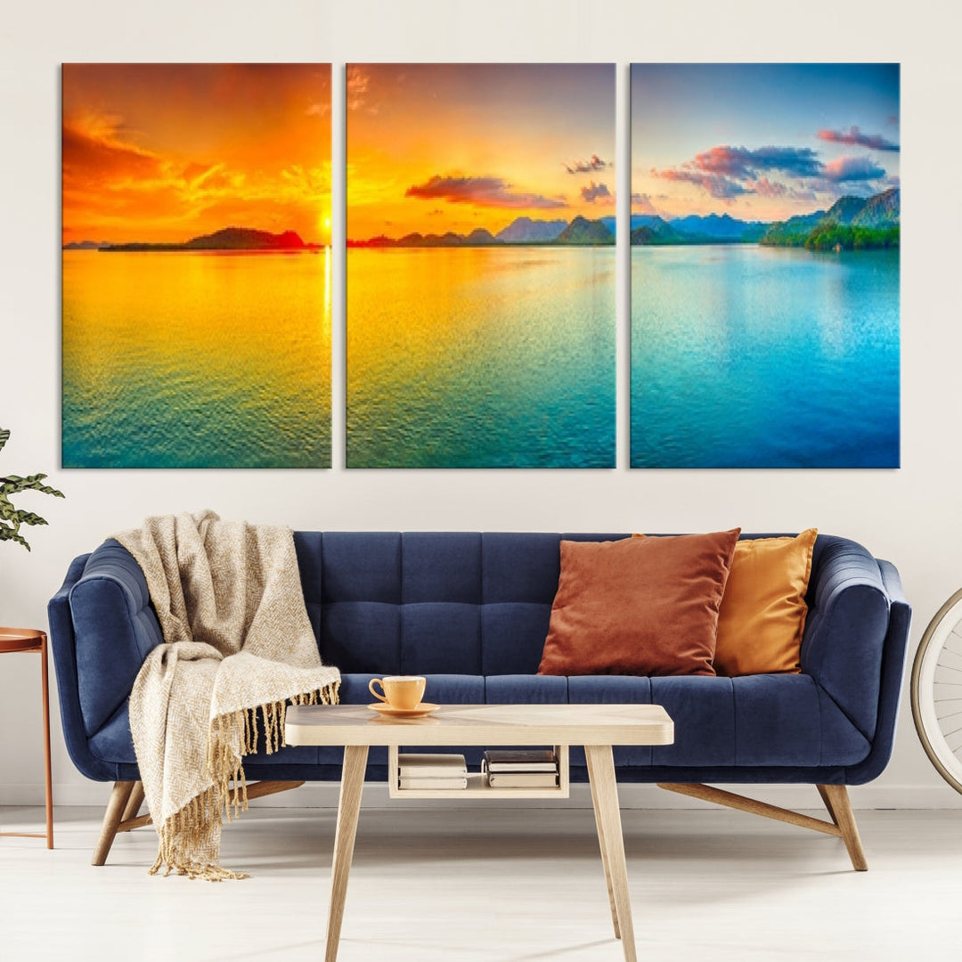 Colorful Sunset Sea and Mountain Landscape Canvas Wall Art Print for Living Room