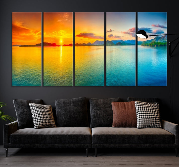 Colorful Sunset Sea and Mountain Landscape Canvas Wall Art Print for Living Room