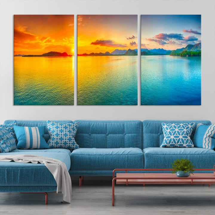 Colorful Sunset Sea and Mountain Landscape Canvas Wall Art Print for Living Room