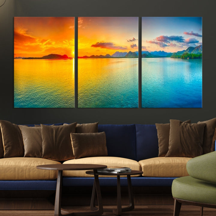 Colorful Sunset Sea and Mountain Landscape Canvas Wall Art Print for Living Room