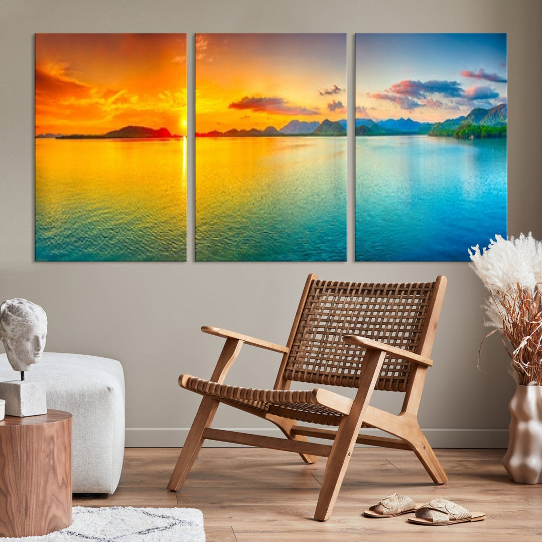 Colorful Sunset Sea and Mountain Landscape Canvas Wall Art Print for Living Room