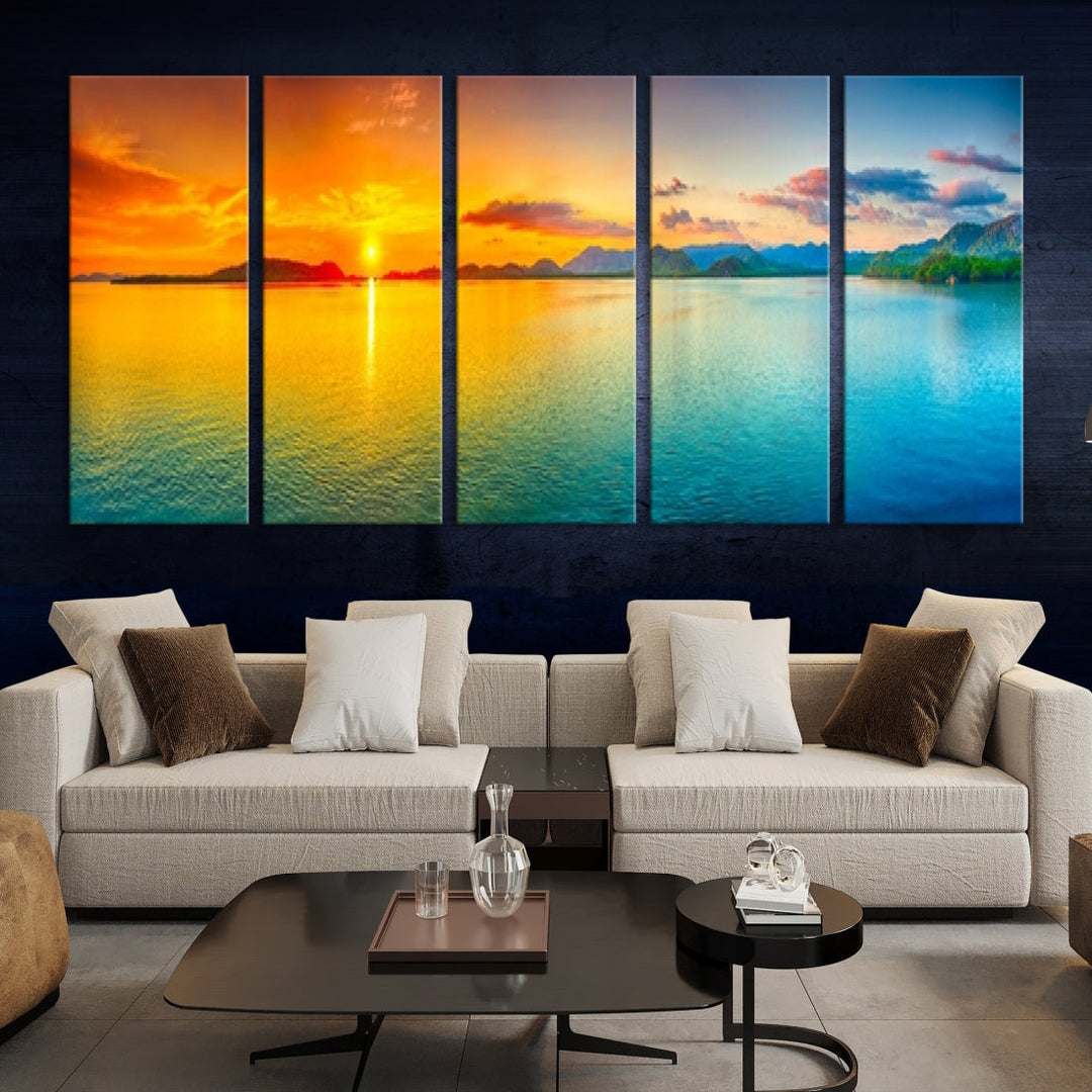 Colorful Sunset Sea and Mountain Landscape Canvas Wall Art Print for Living Room