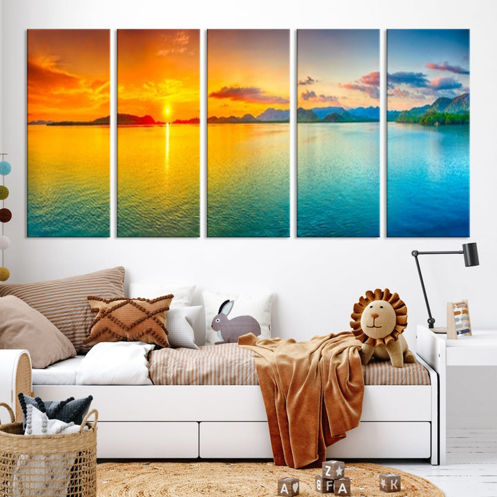 Colorful Sunset Sea and Mountain Landscape Canvas Wall Art Print for Living Room