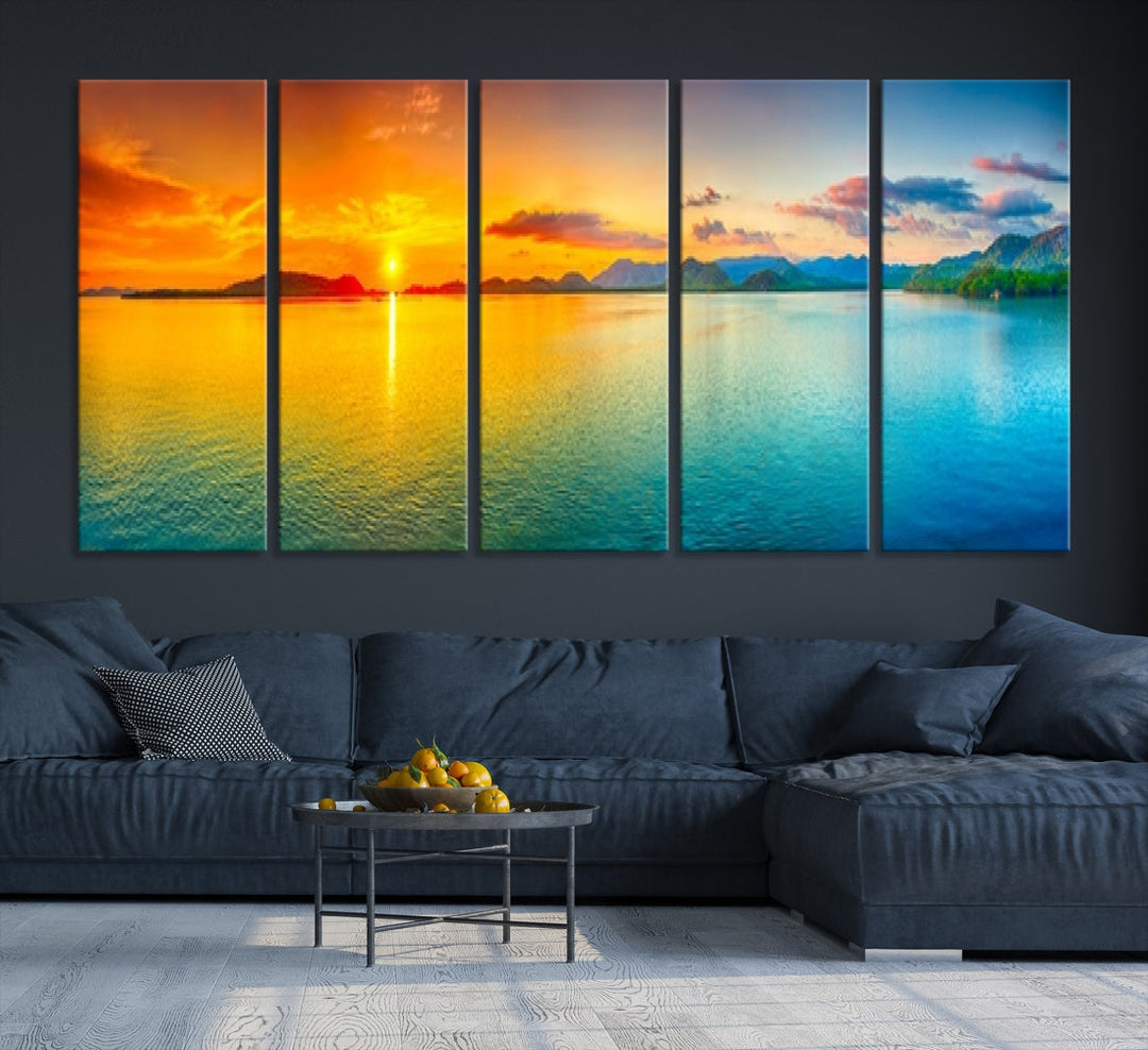 Colorful Sunset Sea and Mountain Landscape Canvas Wall Art Print for Living Room